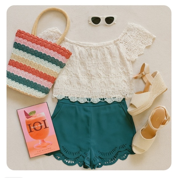 LC Lauren Conrad Teal High Waist Scalloped Shorts - Picture 8 of 16